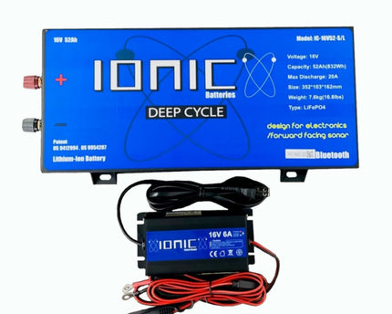 Ionic Lithium 16V 52Ah | Marine Electronics/Sonar LiFePO4 Battery + Charger